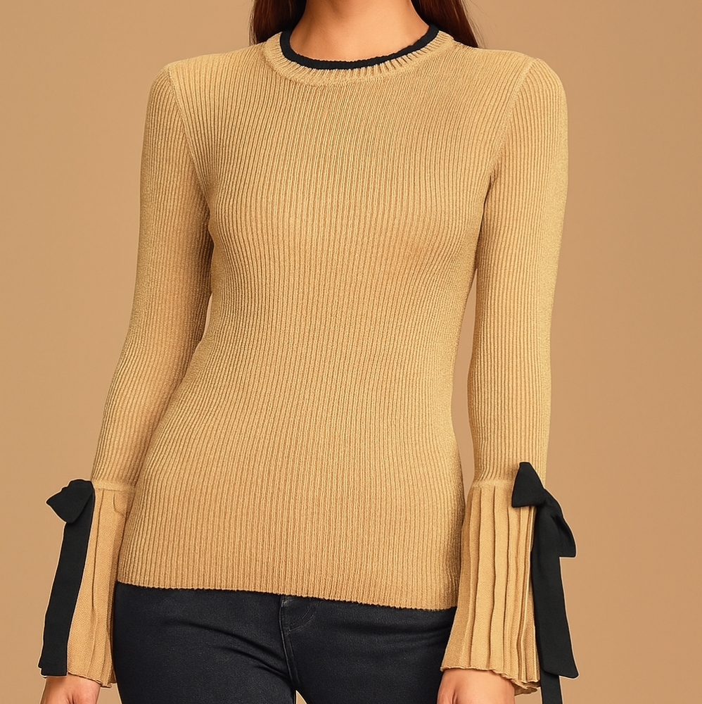 Glam Gold Pleated Sleeve Blouse with Black Accents
